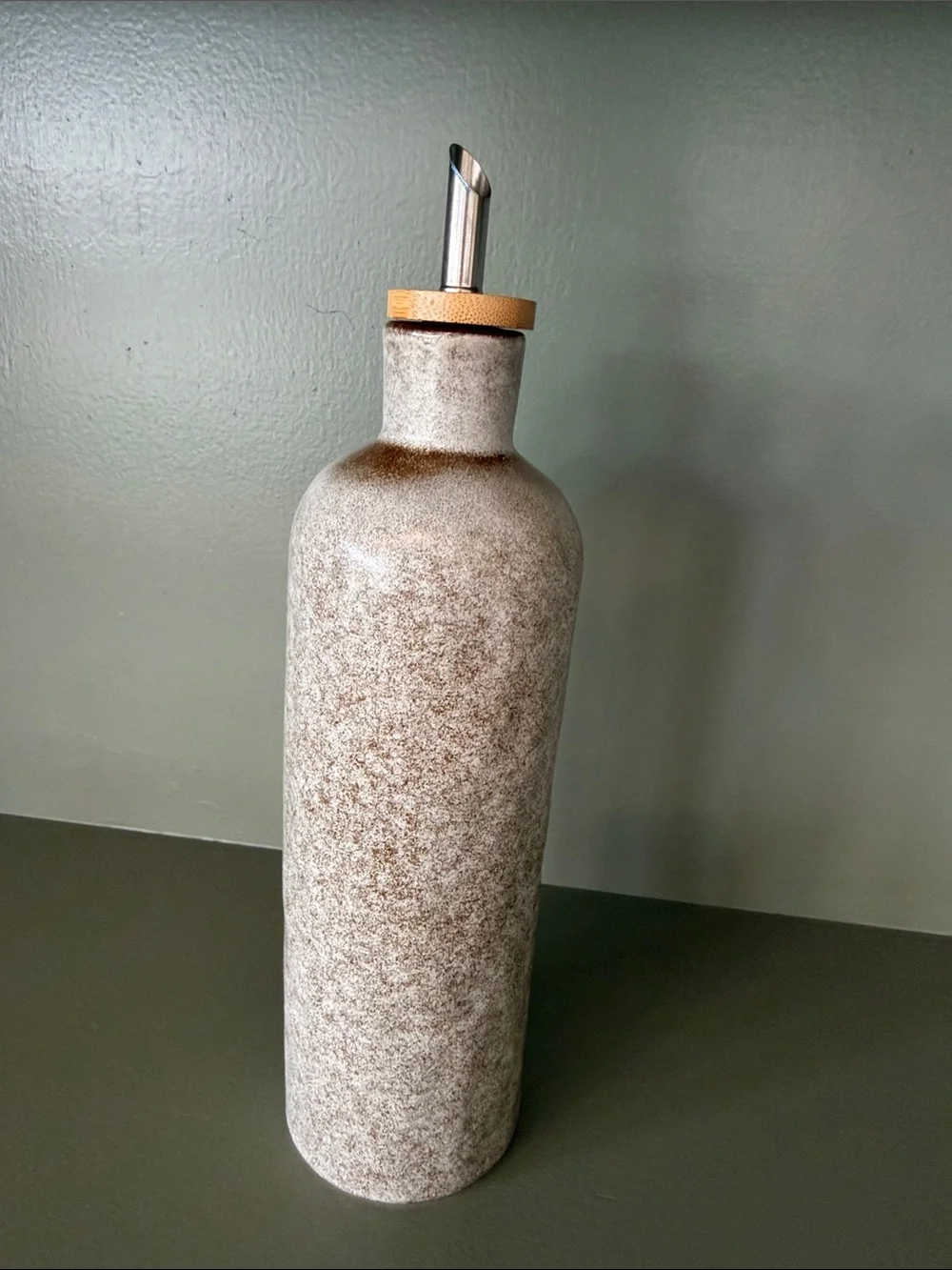 World Market Speckled Grey/Beige Ceramic Oil Dispenser with Spout